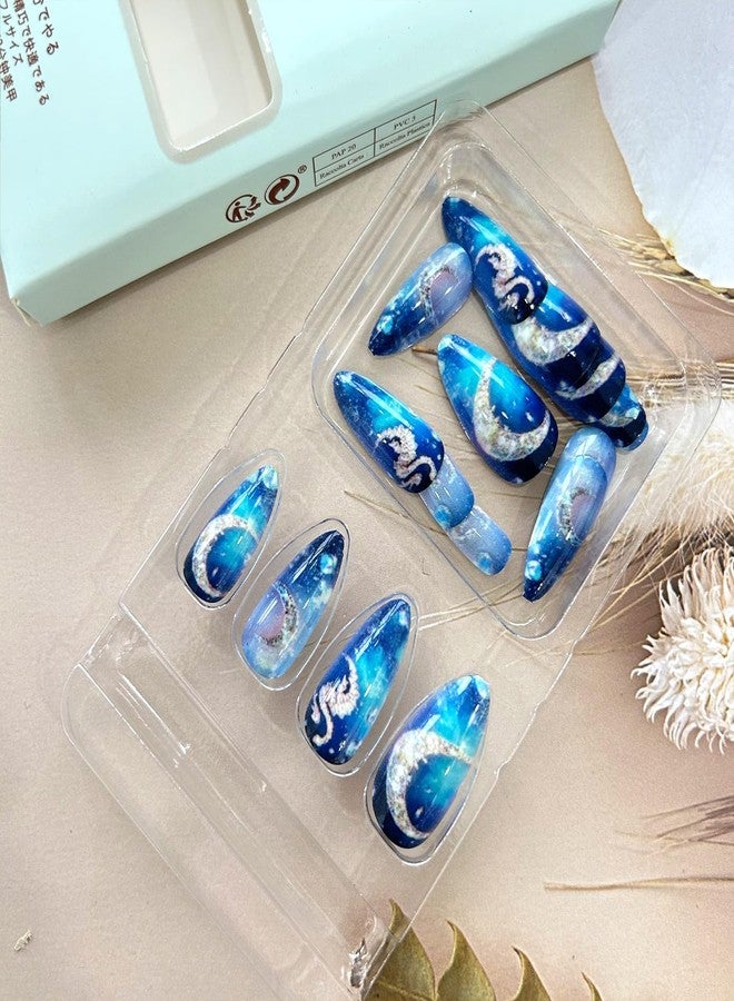 TBRZTR 24Pcs Dark Blue Starry Sky Press on Nails Medium Almond Shaped Moon Planet Pattern Design Handmade False Nails Full Cover Glossy Acrylic Atrificial Fingernails Blue Smudge DIY Stick on Nails for Women - Image 4